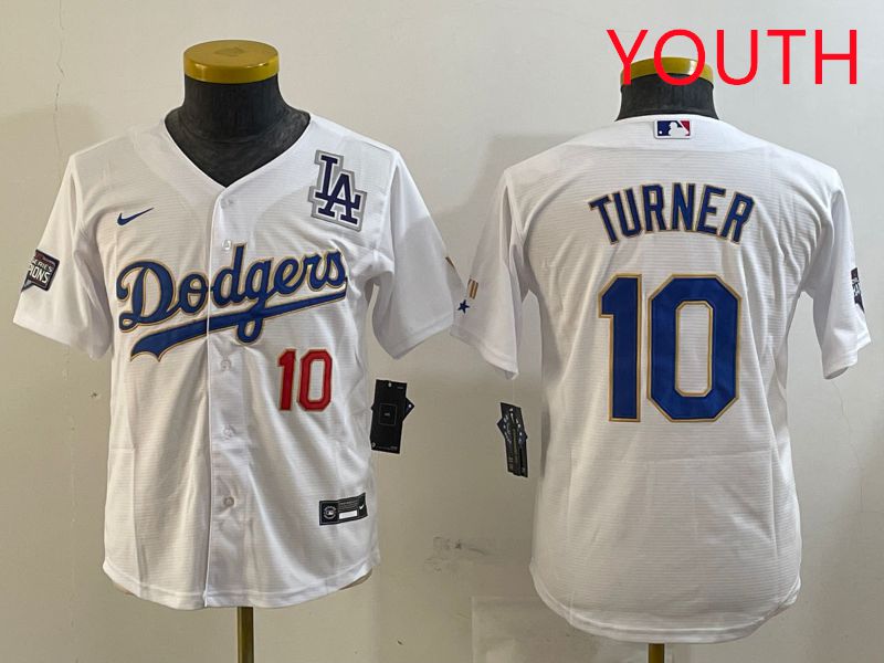 Youth Los Angeles Dodgers #10 Turner White Gold Game 2025 Nike MLB Jersey style 2